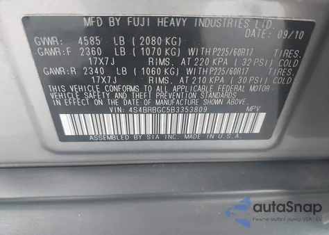 2011 Subaru Outback 2.5I Premium from USA, damaged, VIN 4S4BRBGC5B3353809